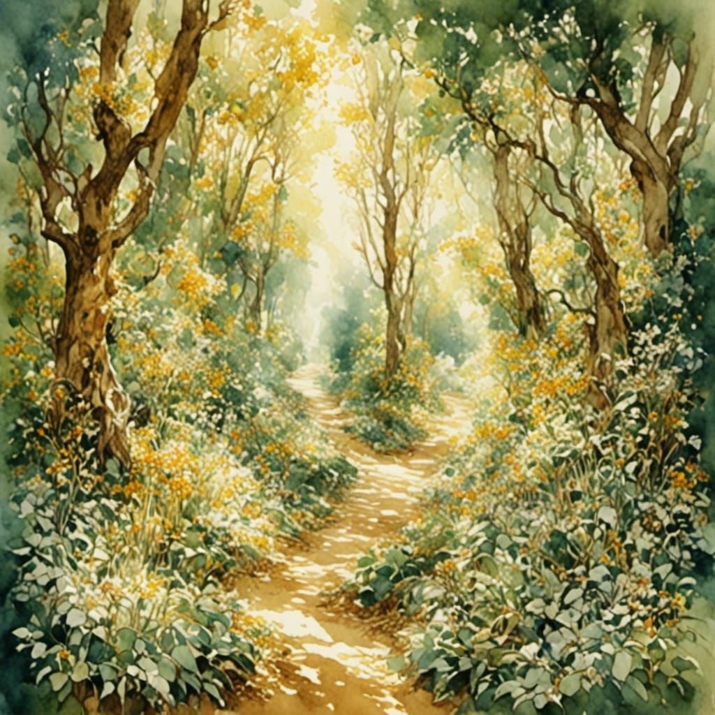 Sun-Dappled Wood Path in Romantic Watercolor Style