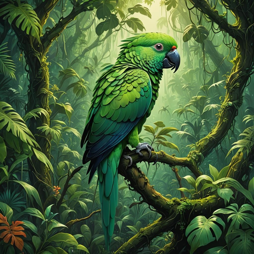 Enchanted Jungle: A Green Parrot Illustration