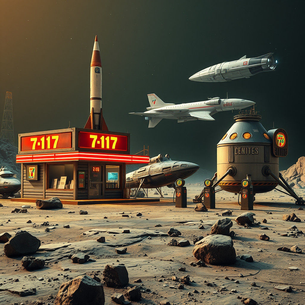 Art Deco Gas Station on Asteroid with V-2 Rocket