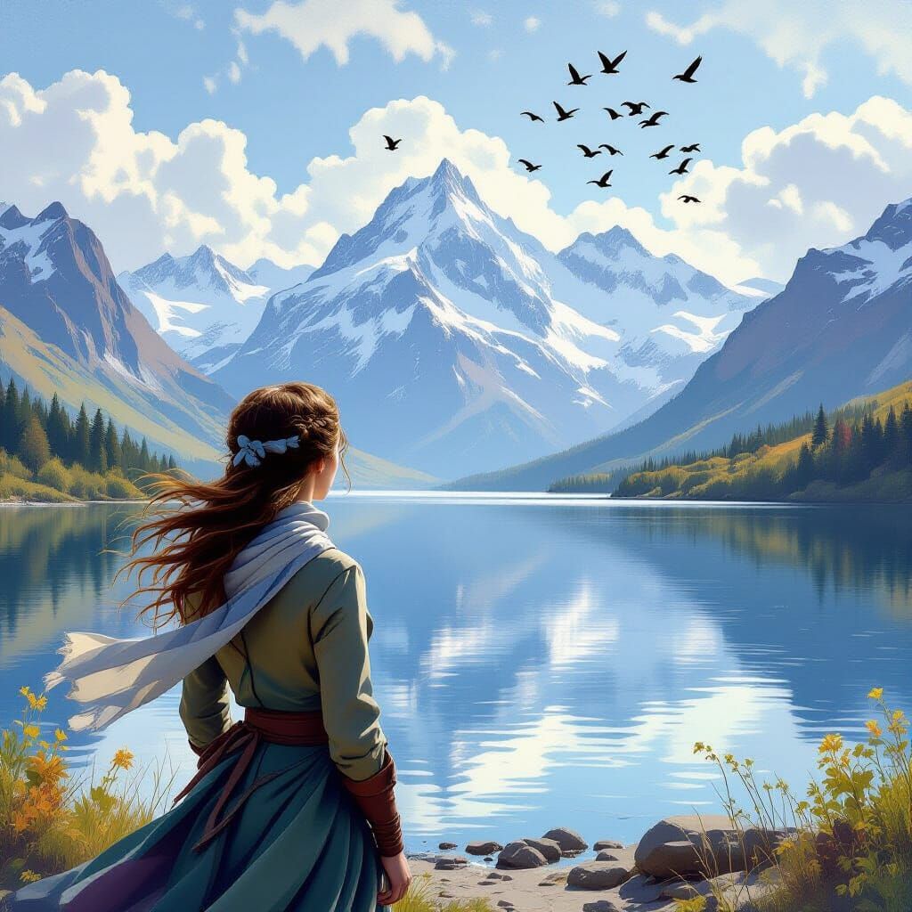 Woman Gazing at Mountain Lake in Romantic Landscape Style