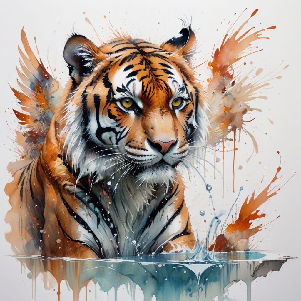Winged Tiger Drinks From Autumn Pool in Watercolor Style