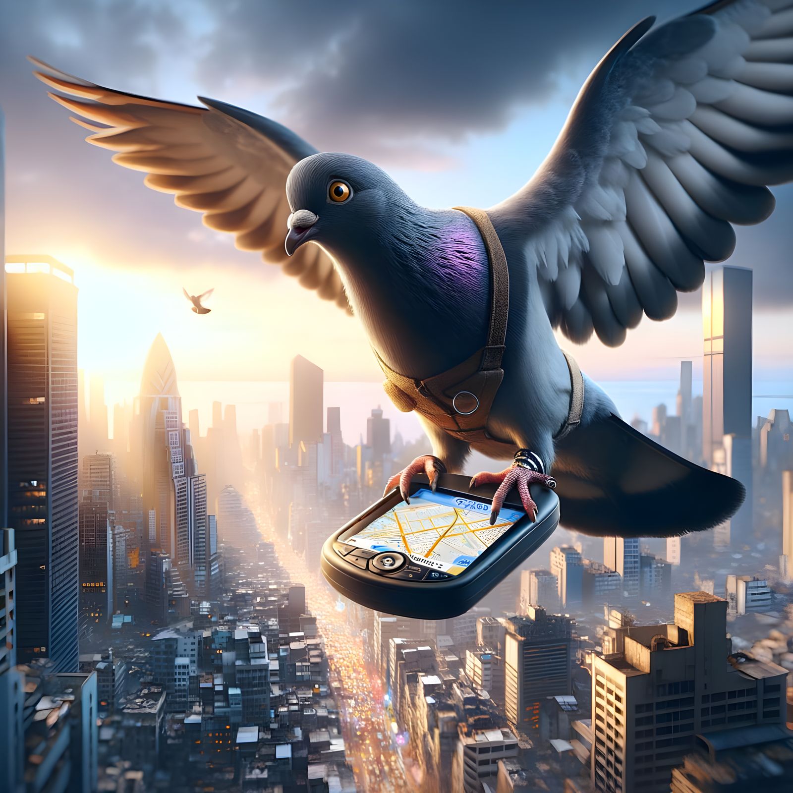 Lost Pigeon Carries GPS Above City at Sunset