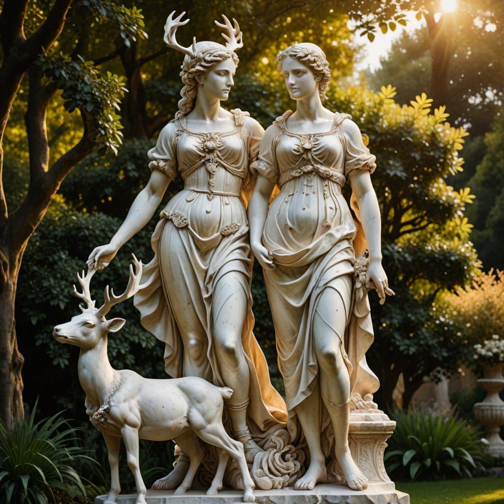 Artemis Sculpture with Deer in Baroque Style