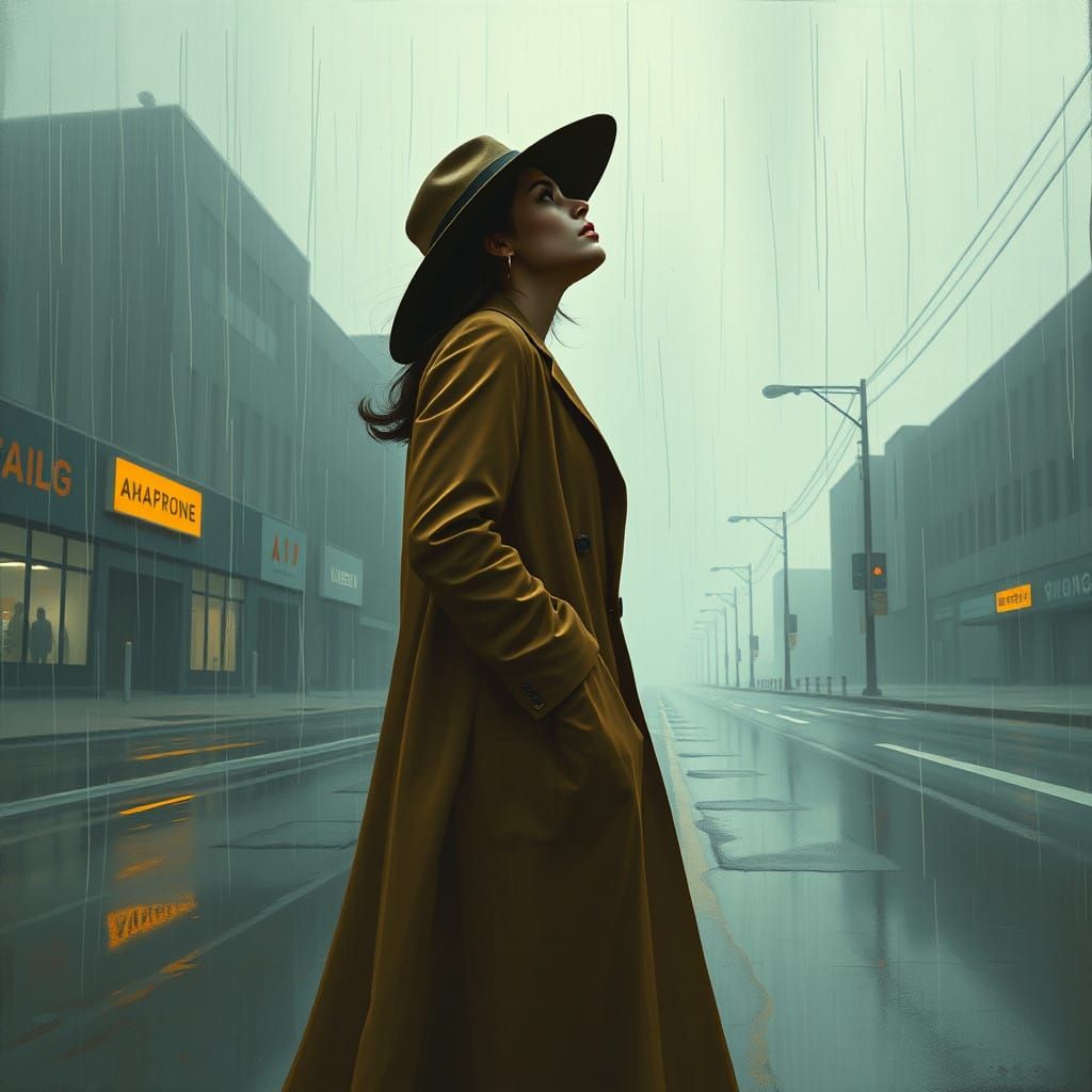 Mysterious Woman in the Rain, in Moody Noir Style