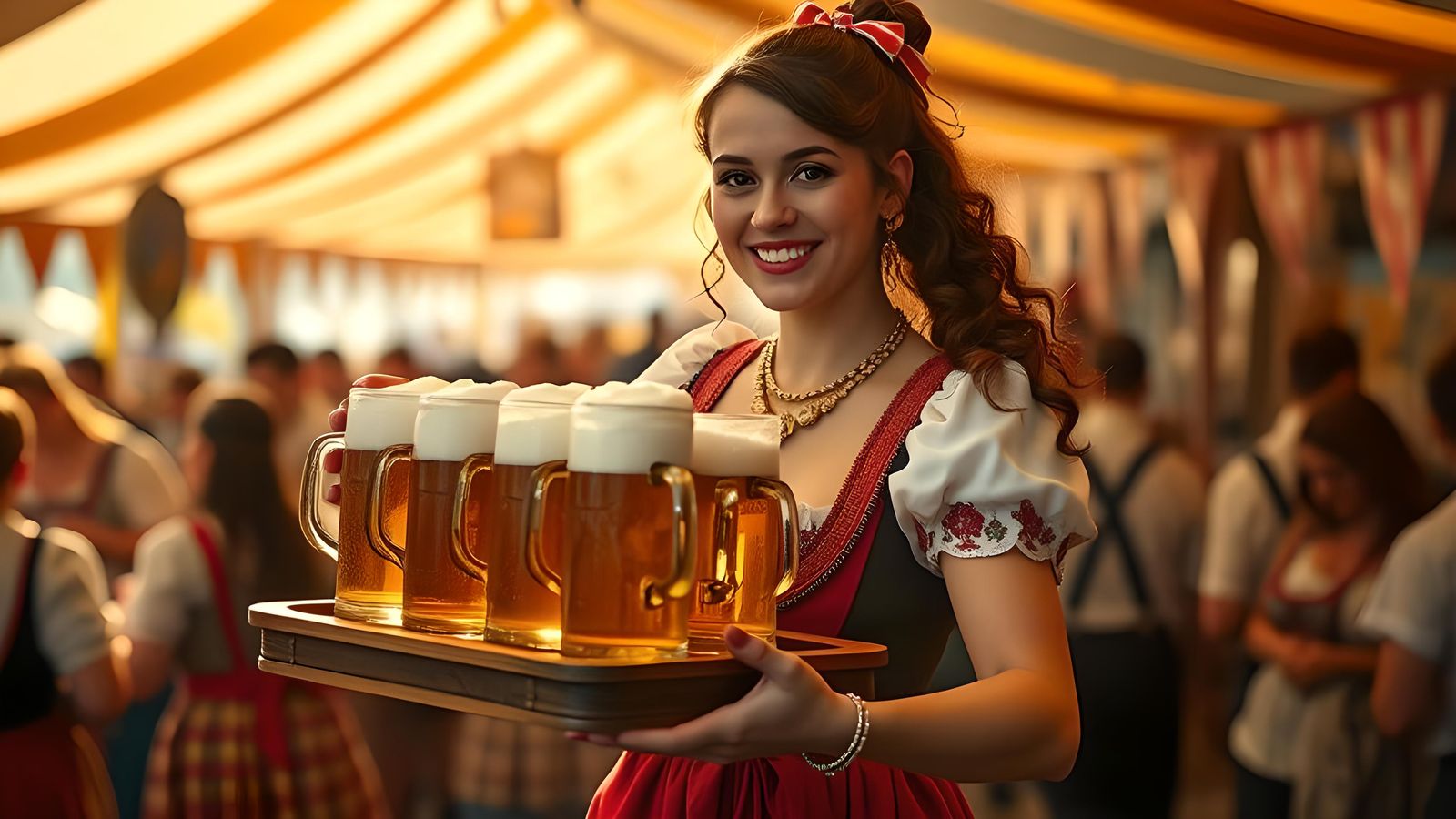 Oktoberfest Girl with Beer Mugs in Cinematic Style