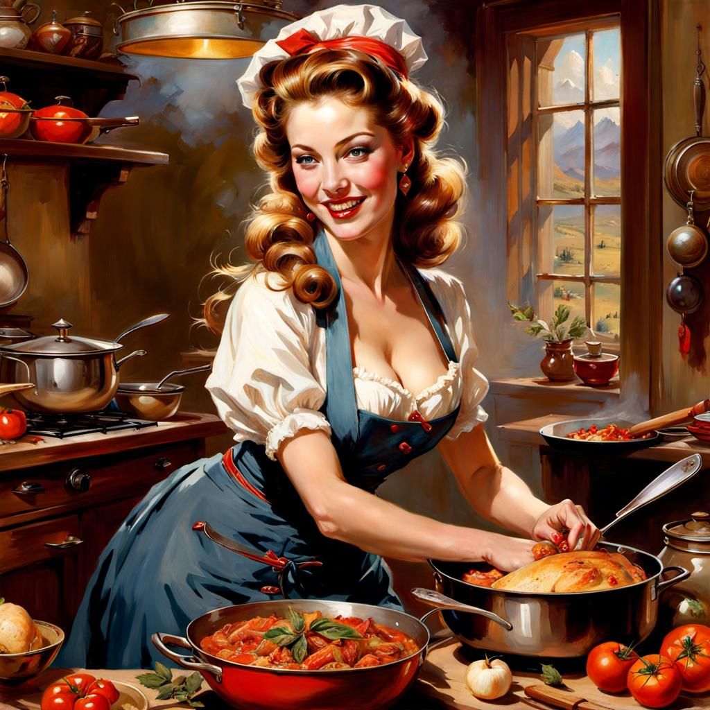 Mischievous Maiden Cooking: Pin-Up Style Portrait