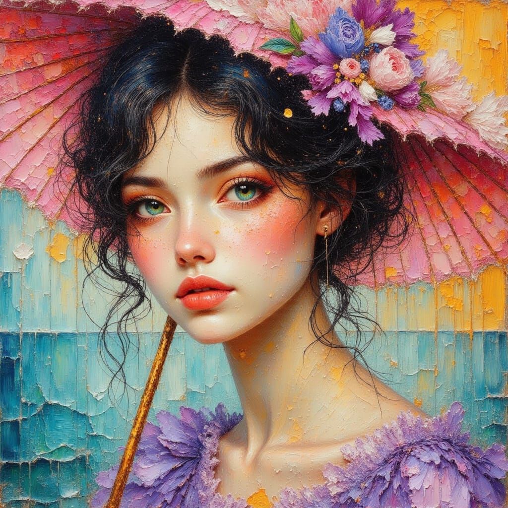 Striking Woman with Parasol in Impasto Oil Glaze Style
