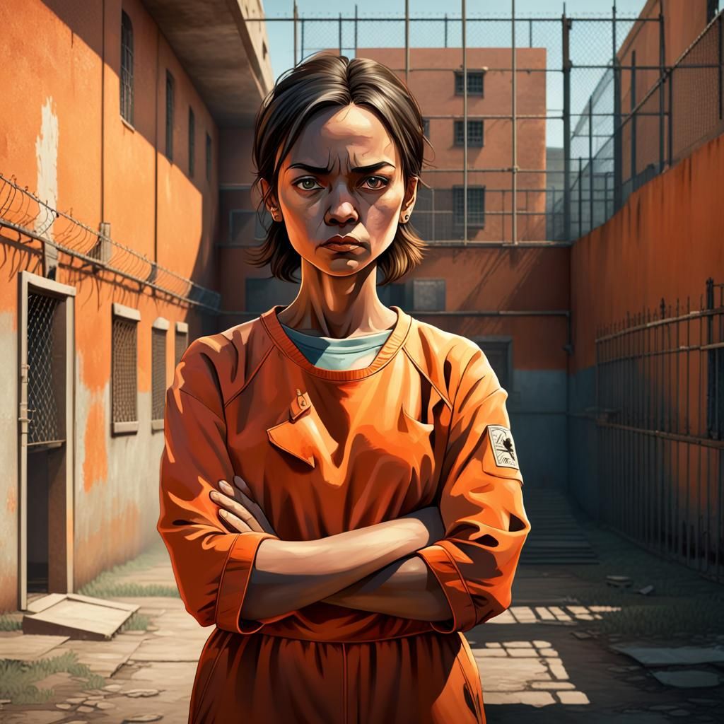 Defiant Woman in Prison Yard: Hyperrealistic Splash Art