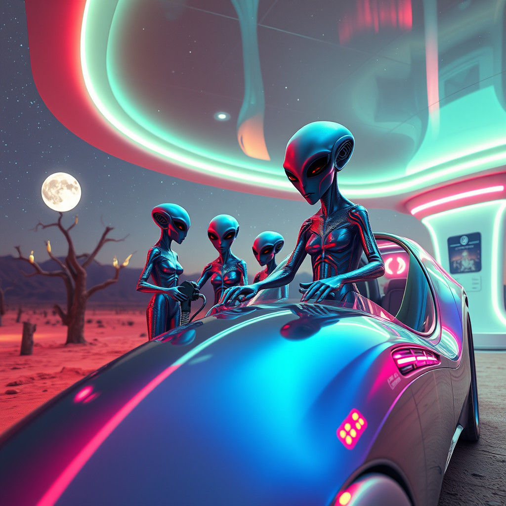 Alien Family at Futuristic Desert Gas Station