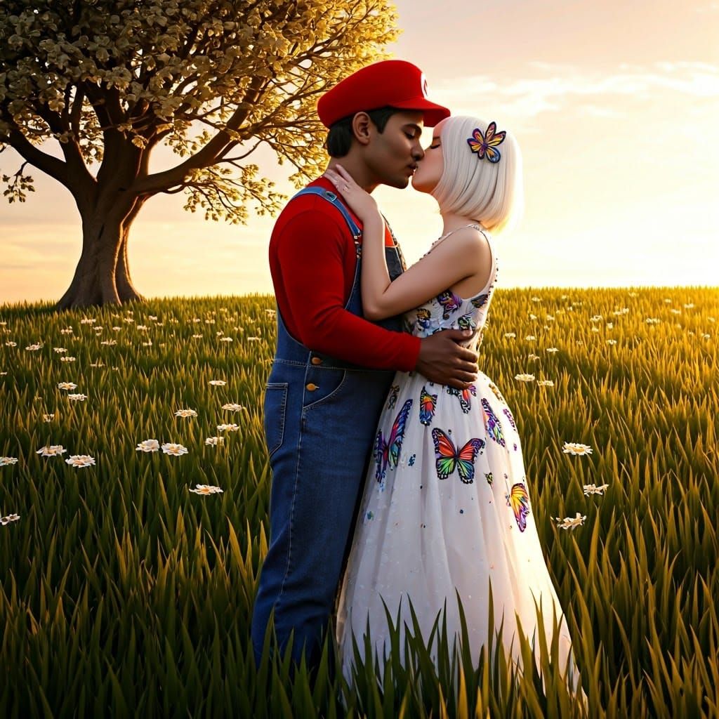 Super Mario Kissing Wife Tippi in Photorealistic Style