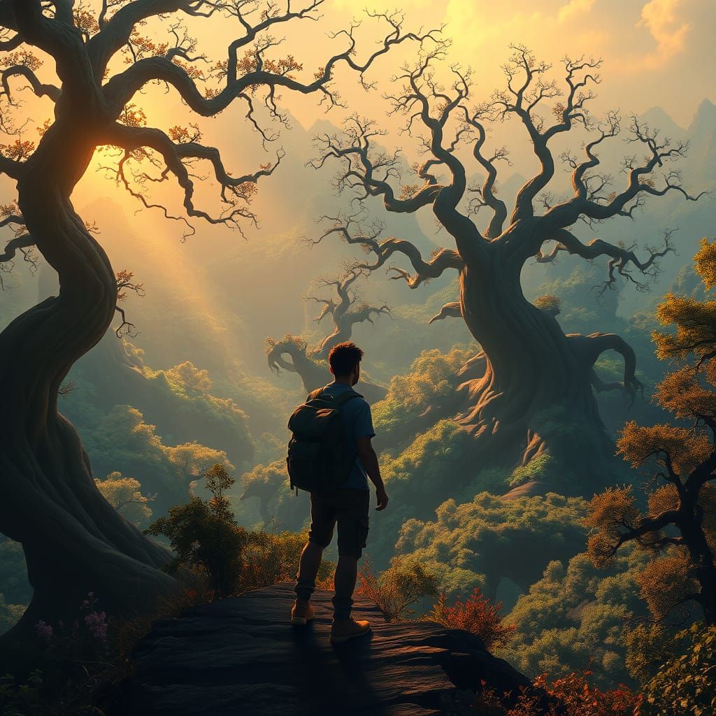 Mystical Traveler Amidst Twisted Forest Landscapes in Fantas...