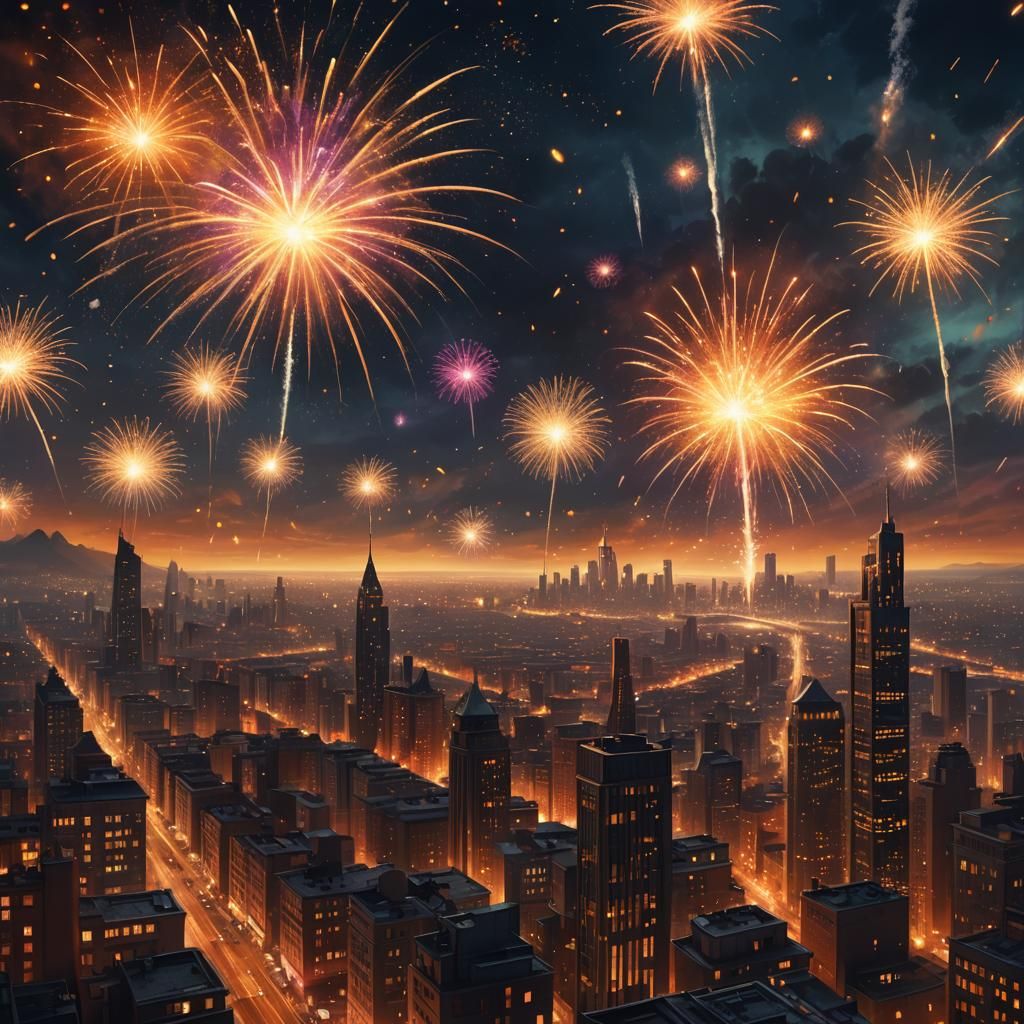 Fireworks Explode Over Fantastical Cityscape