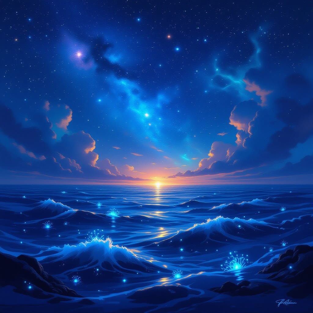 Cosmic Ocean Under Swirling Nebulae