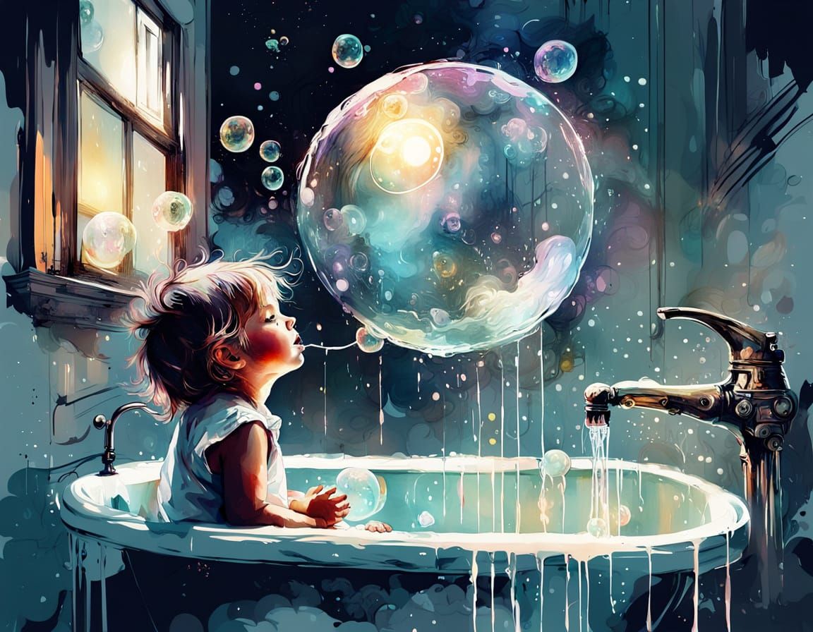 Toddler Blowing Bubbles in Watercolor Style