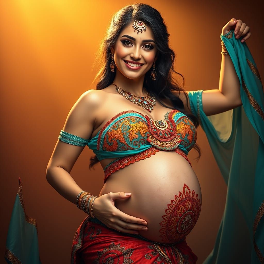 Glowing Belly Dancer in Vibrant Midriff Patterns