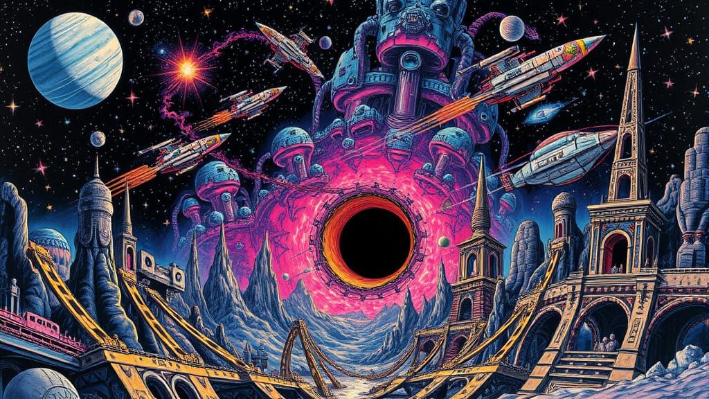 Cosmic Landscape in Neon-Lit Starry Night Sky with Wormhole