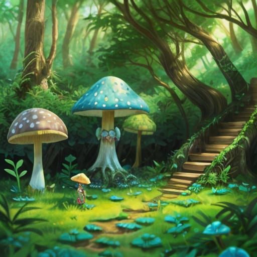Whimsical Elves in a Vibrant Mushroom Forest