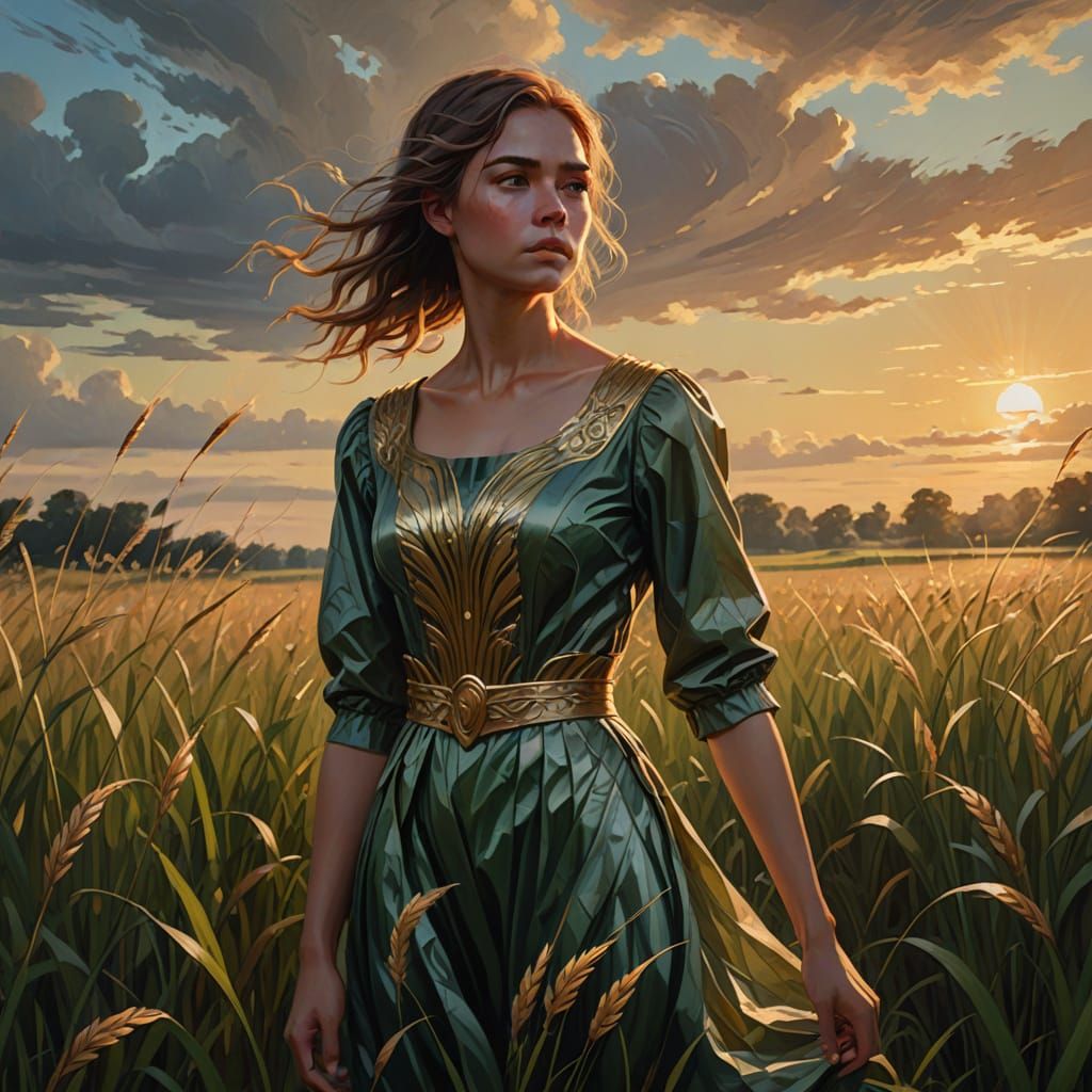 Woman in Ripe Field at Golden Hour