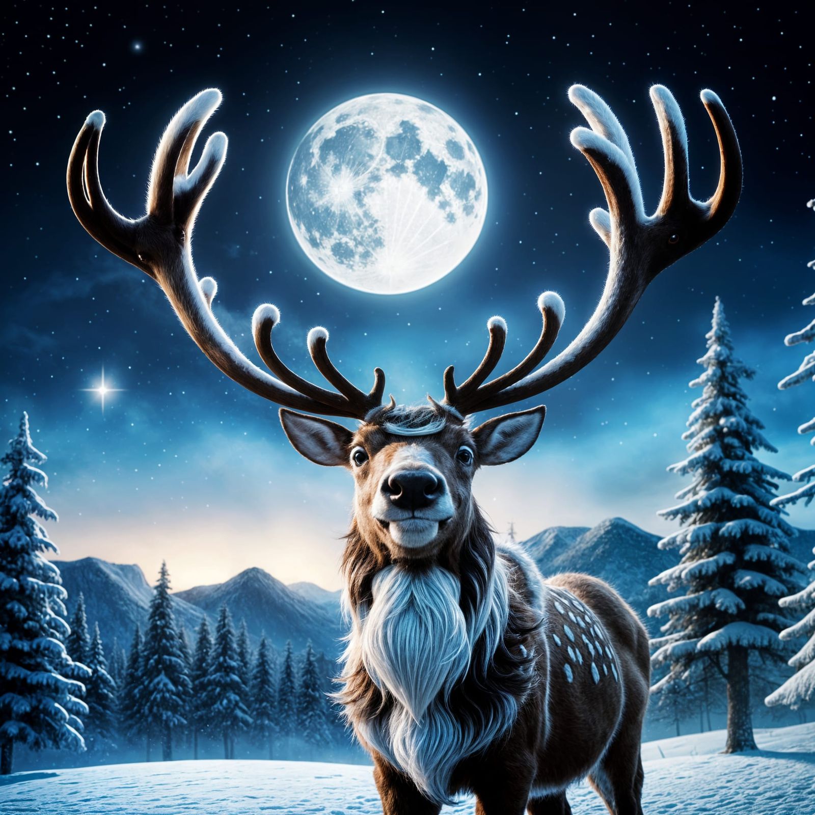 Magical Reindeer Flight Under Moonlight