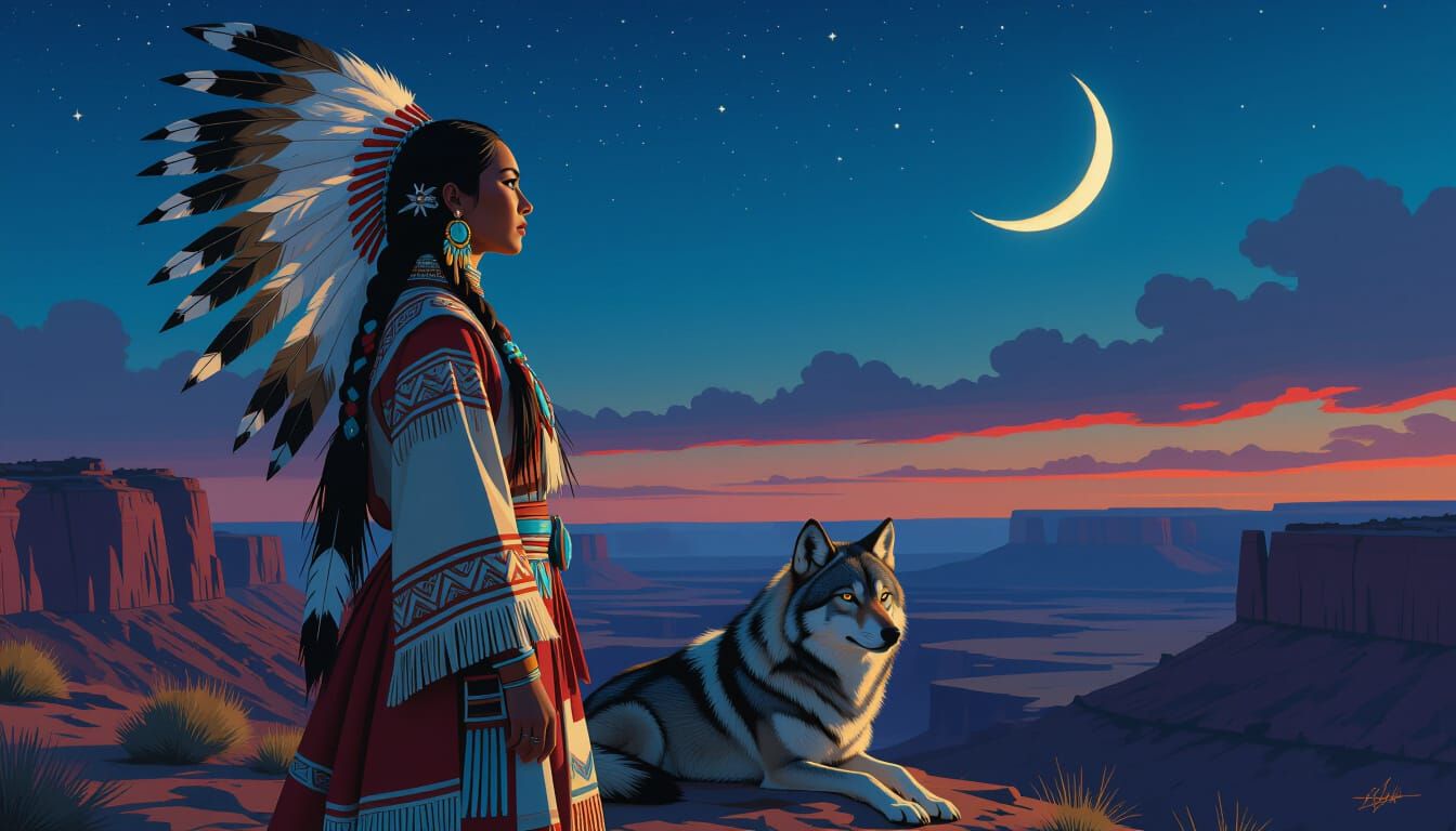 Native American Woman and Wolf Under Starry Sky