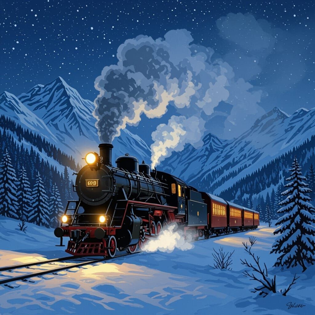 Coal Train Through Swiss Mountains at Night