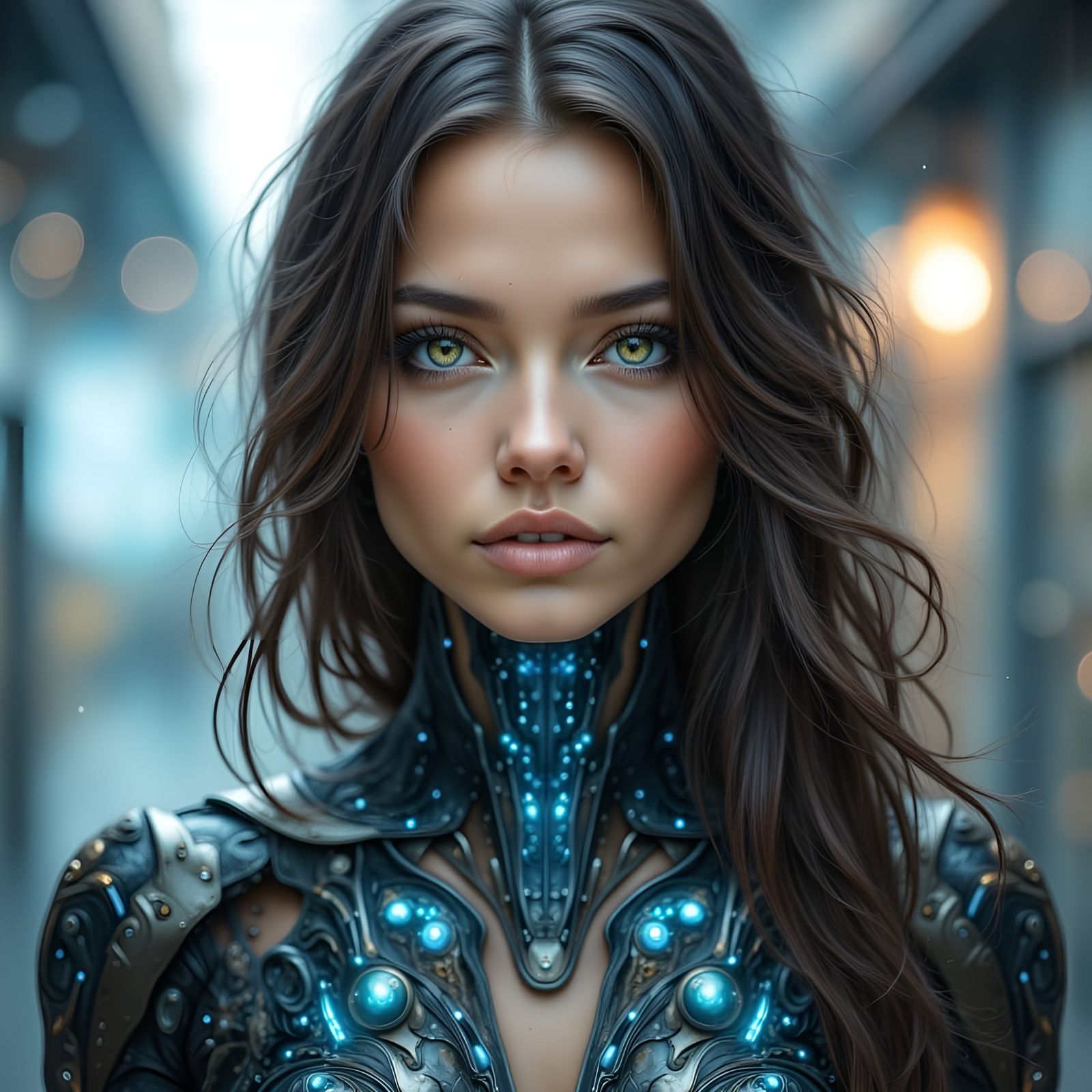 Advanced Android Warrior in Futuristic Cityscape