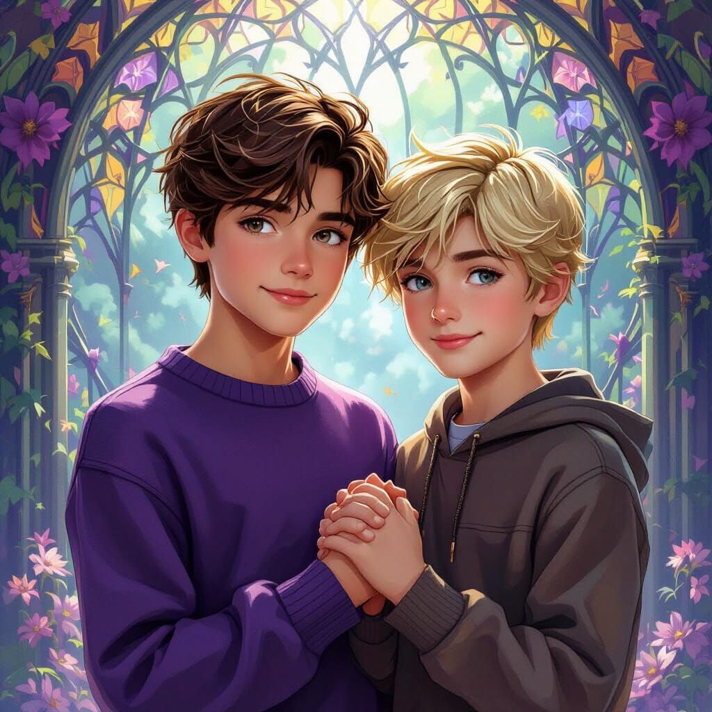 Teenage Boys Holding Hands in Hyperdetailed Style