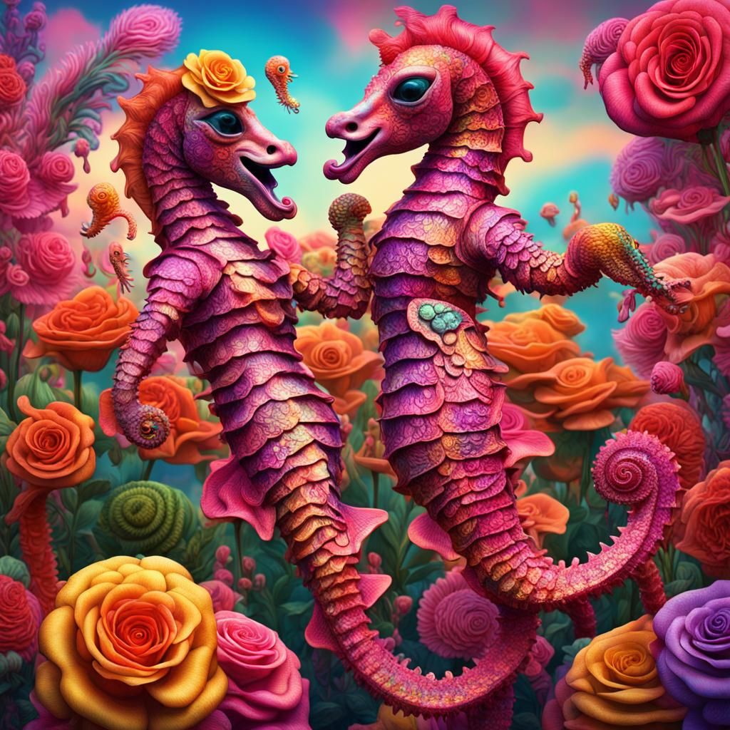 Psychedelic Seahorses Dance in Flower Power Style