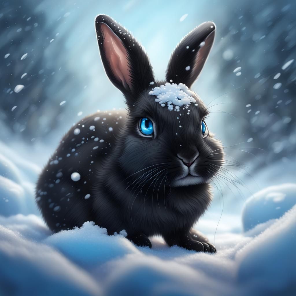 Cute Black Rabbit in Snow, Hyperdetailed Portrait