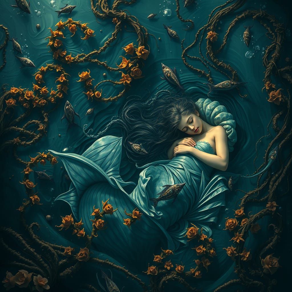 Merefolk Slumber in Deep Waters: A Digital Art Nouveau Paint...