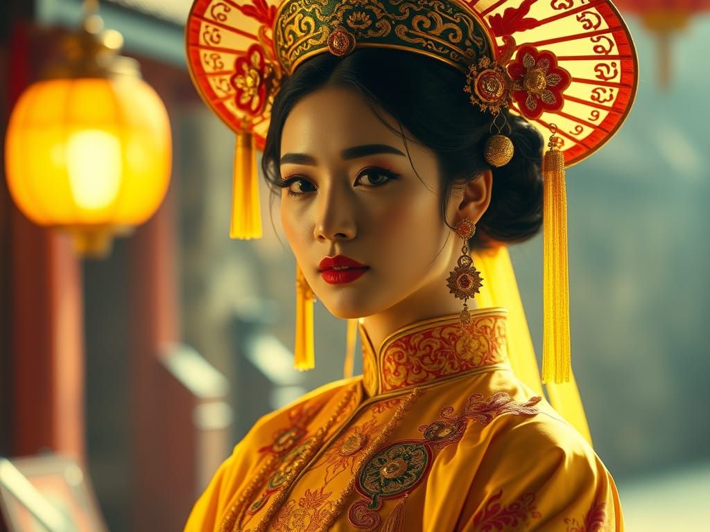 Yellow Queen in Ornate Chinese Attire: Cinematic Elegance
