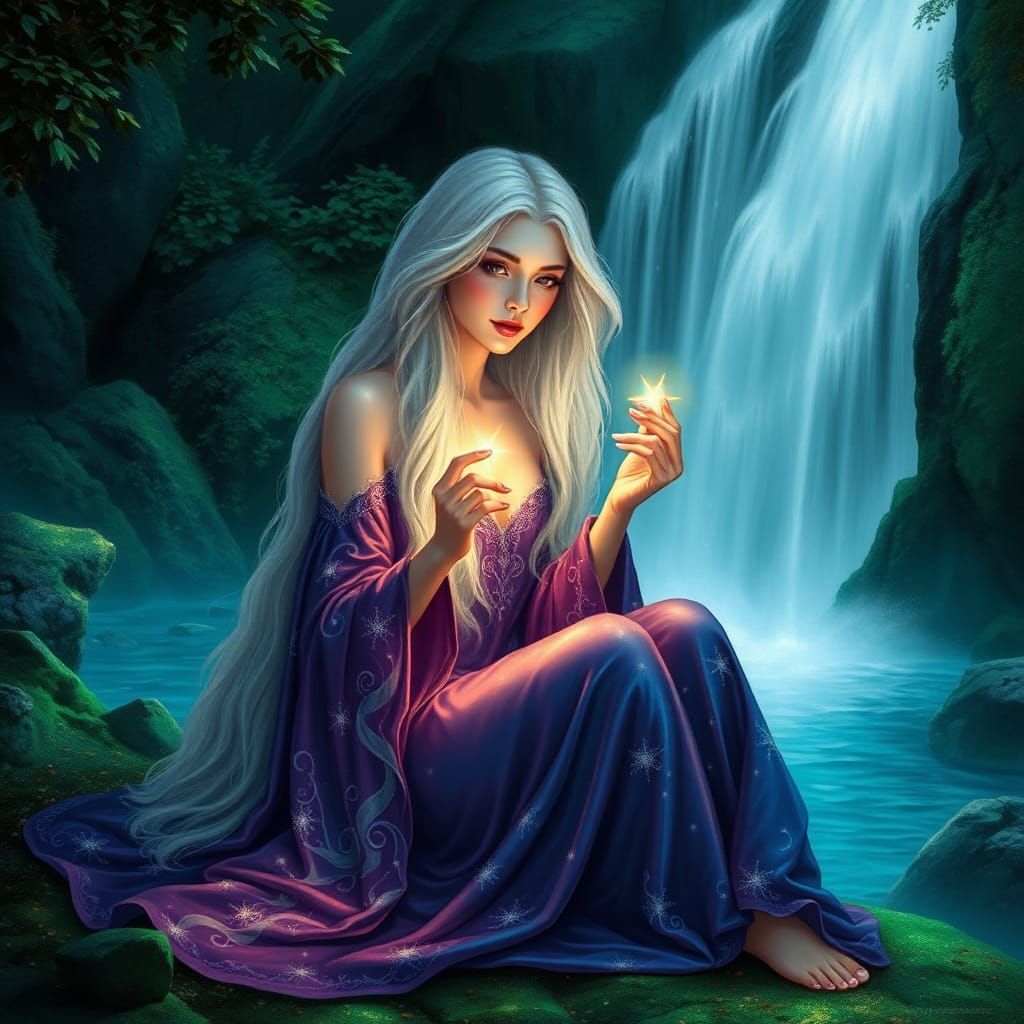 Enchanted Waterfall: Woman in Flowing Robes