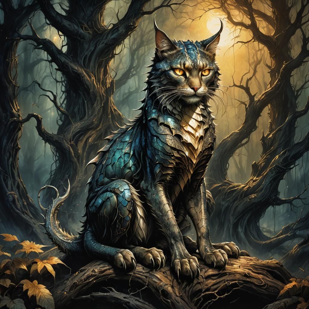 Dragon Cat on Throne in Dark Fantasy Art