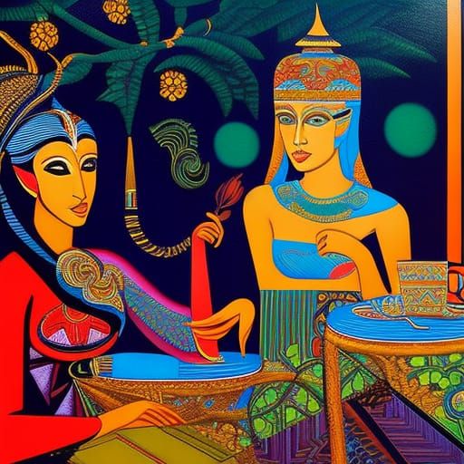 Eve and Pandora Meet for Coffee: Abstract Art Portrait