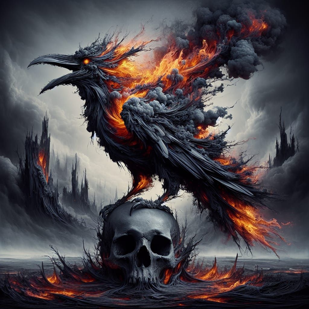 A crow composed entirely of smoke and fire in various shades...