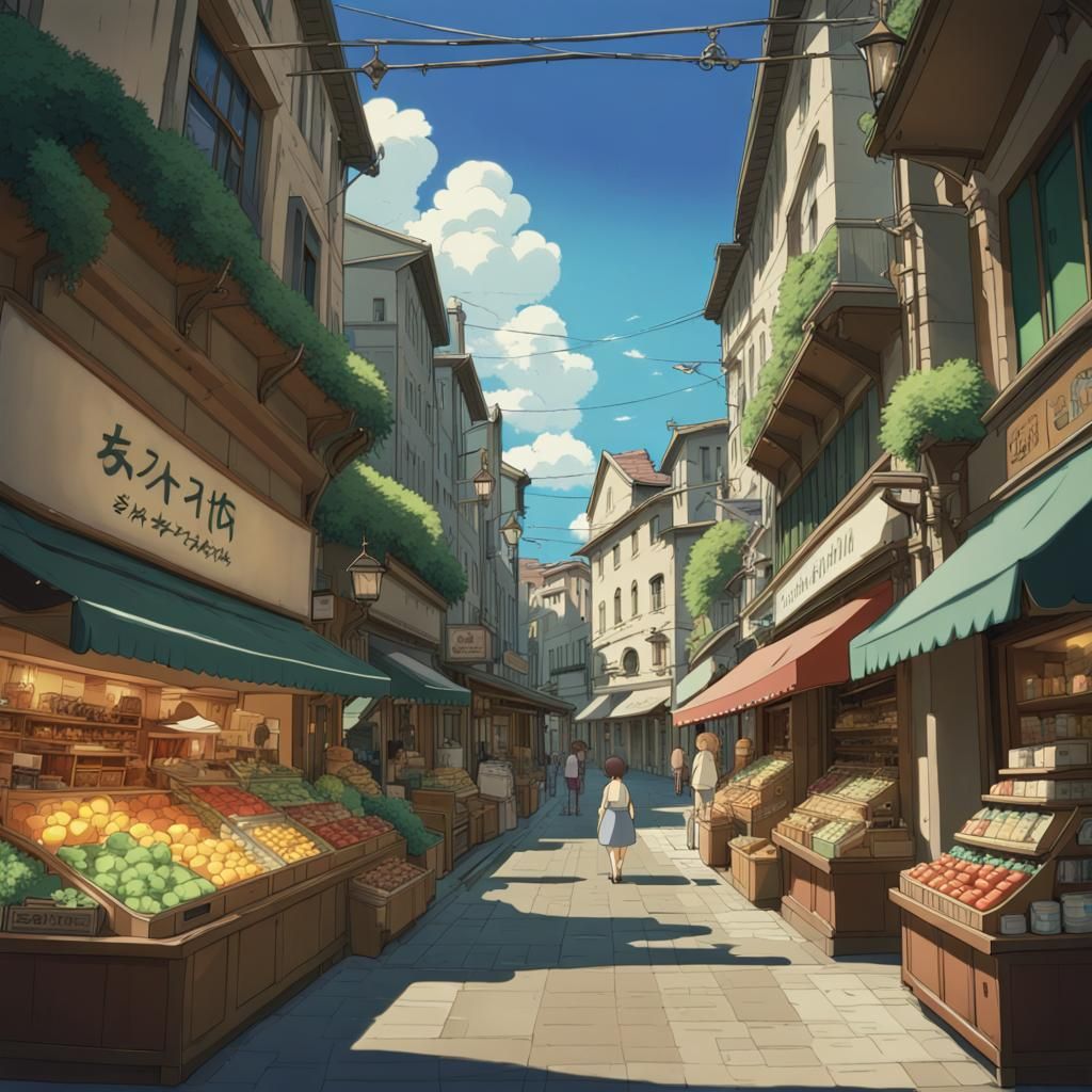 Italian Shopping Center in Studio Ghibli Style