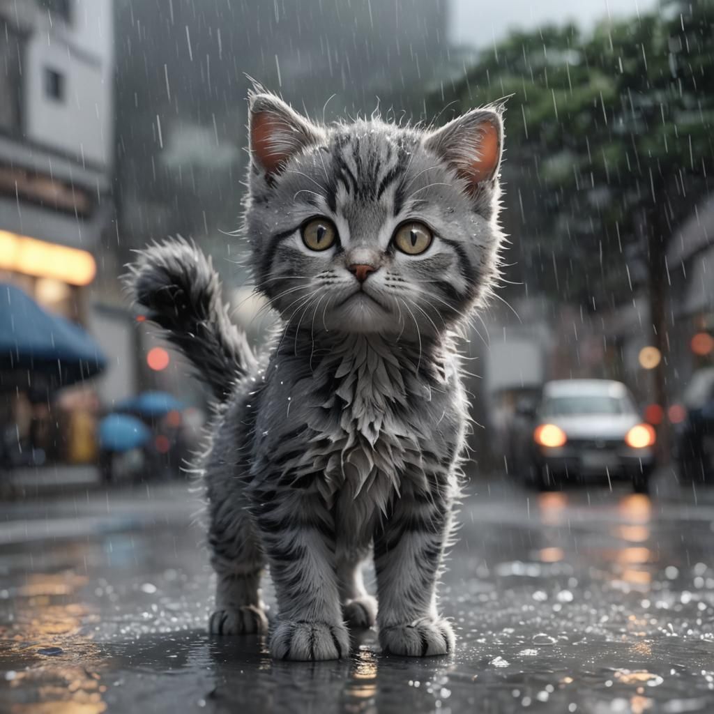 Grey Kitten in Rain: Detailed 3D Anime Art