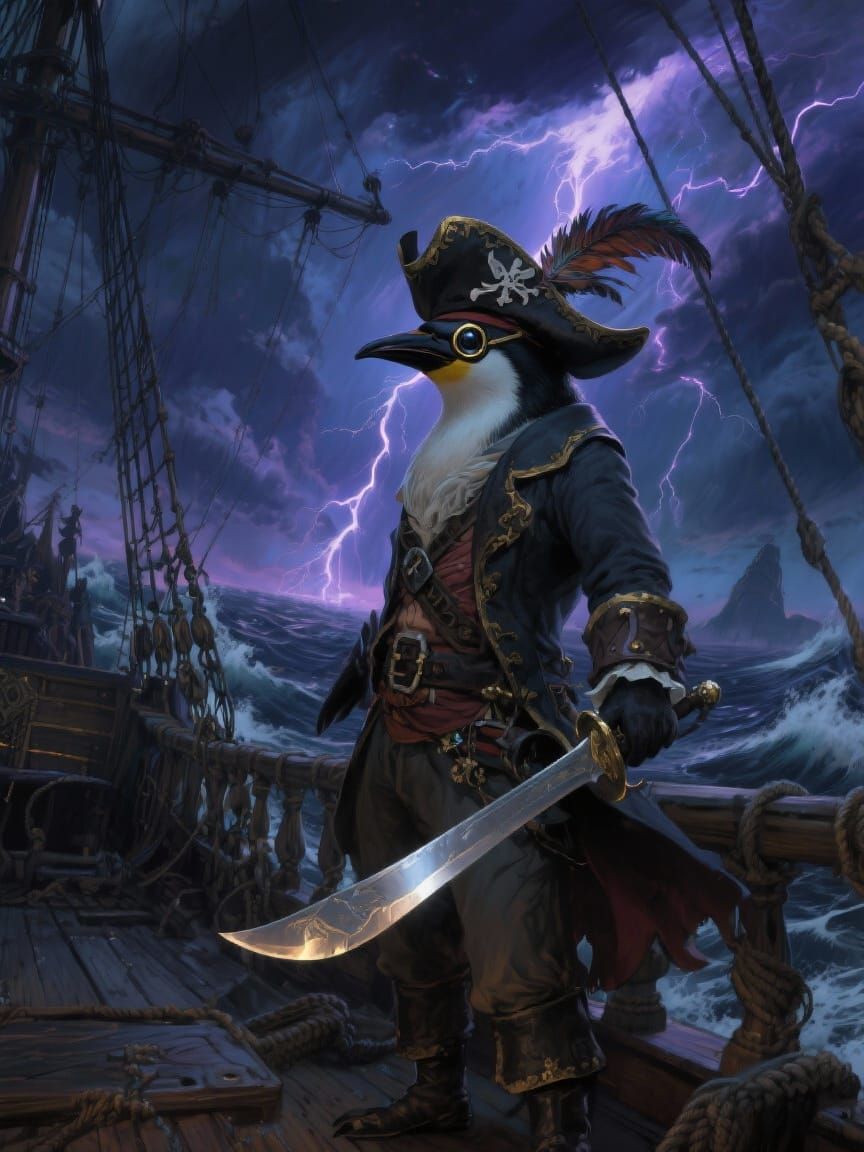 Penguin Pirate Captain on Stormy Ship
