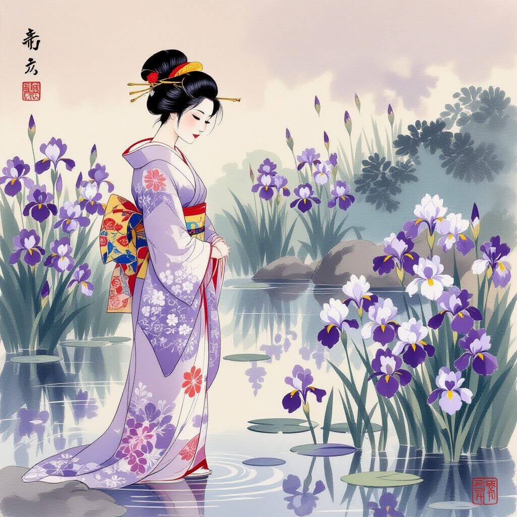 Woman in Ukiyo-e Style Iris Garden