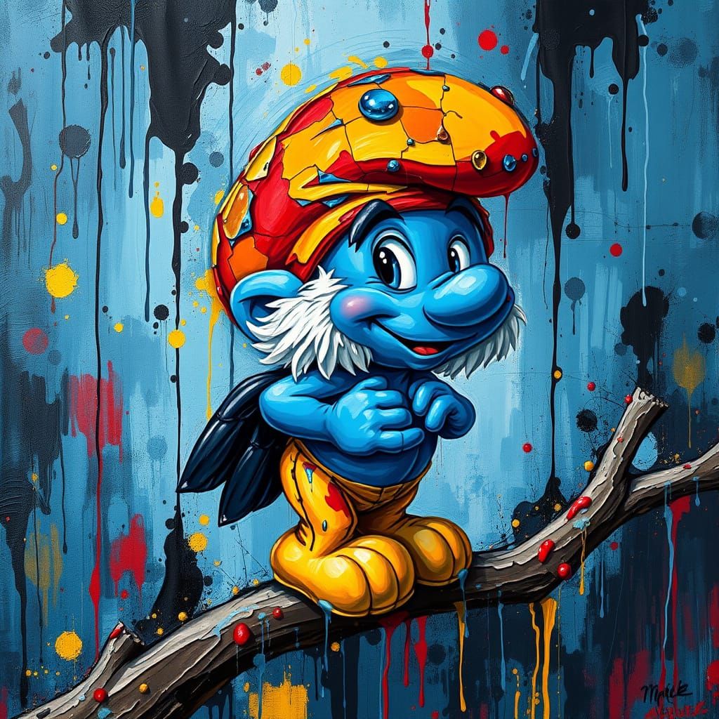 Colorful Smurf on Branch in Abstract Impasto Style