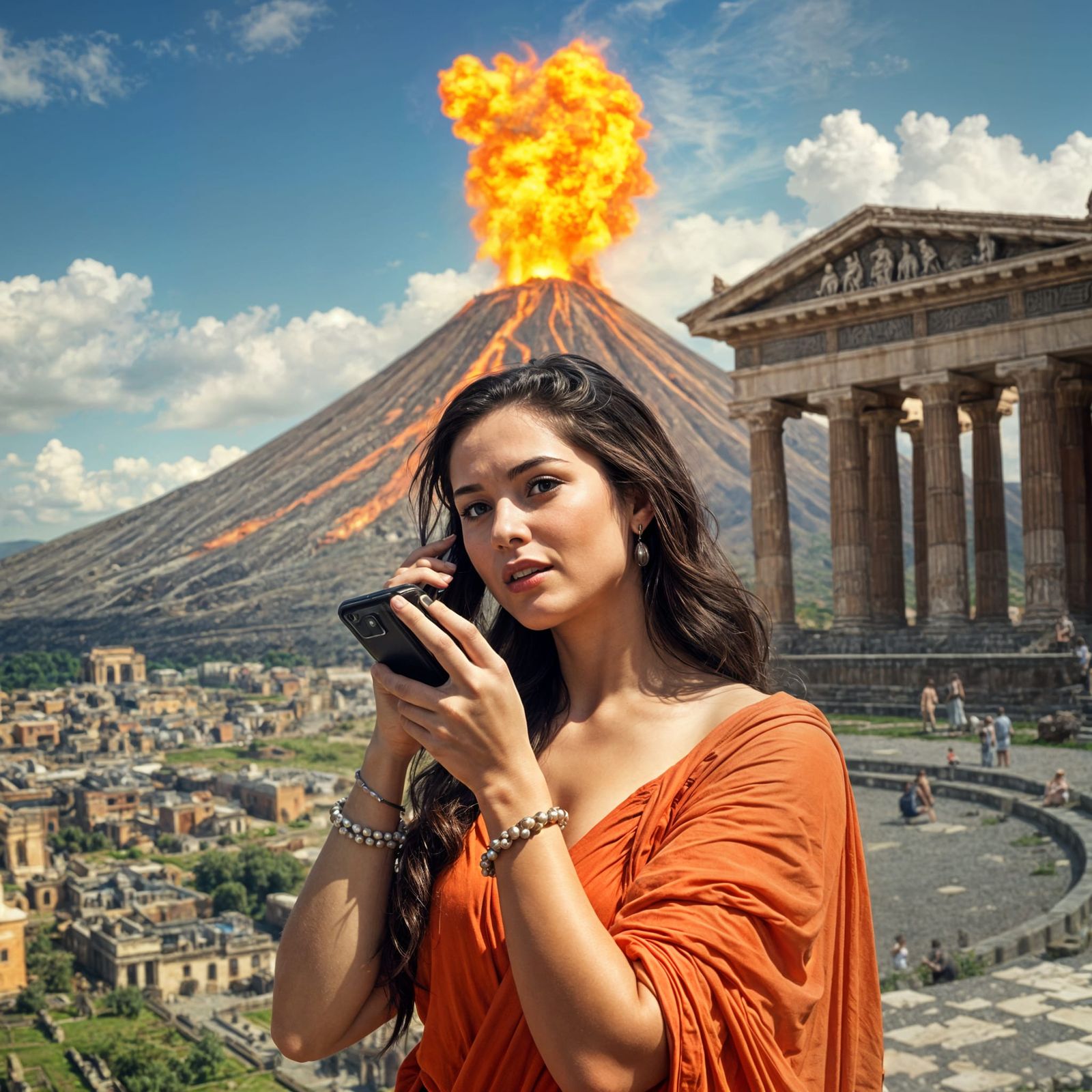 Terrified Woman in Pompeii Calls During Eruption