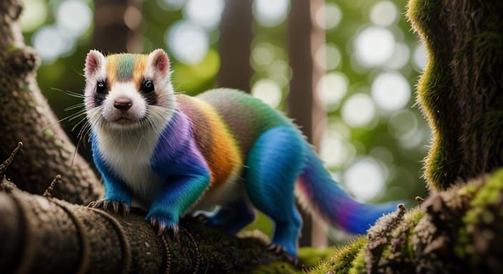 Iridescent Stoat on Moss in Hyper-Realistic Digital Art