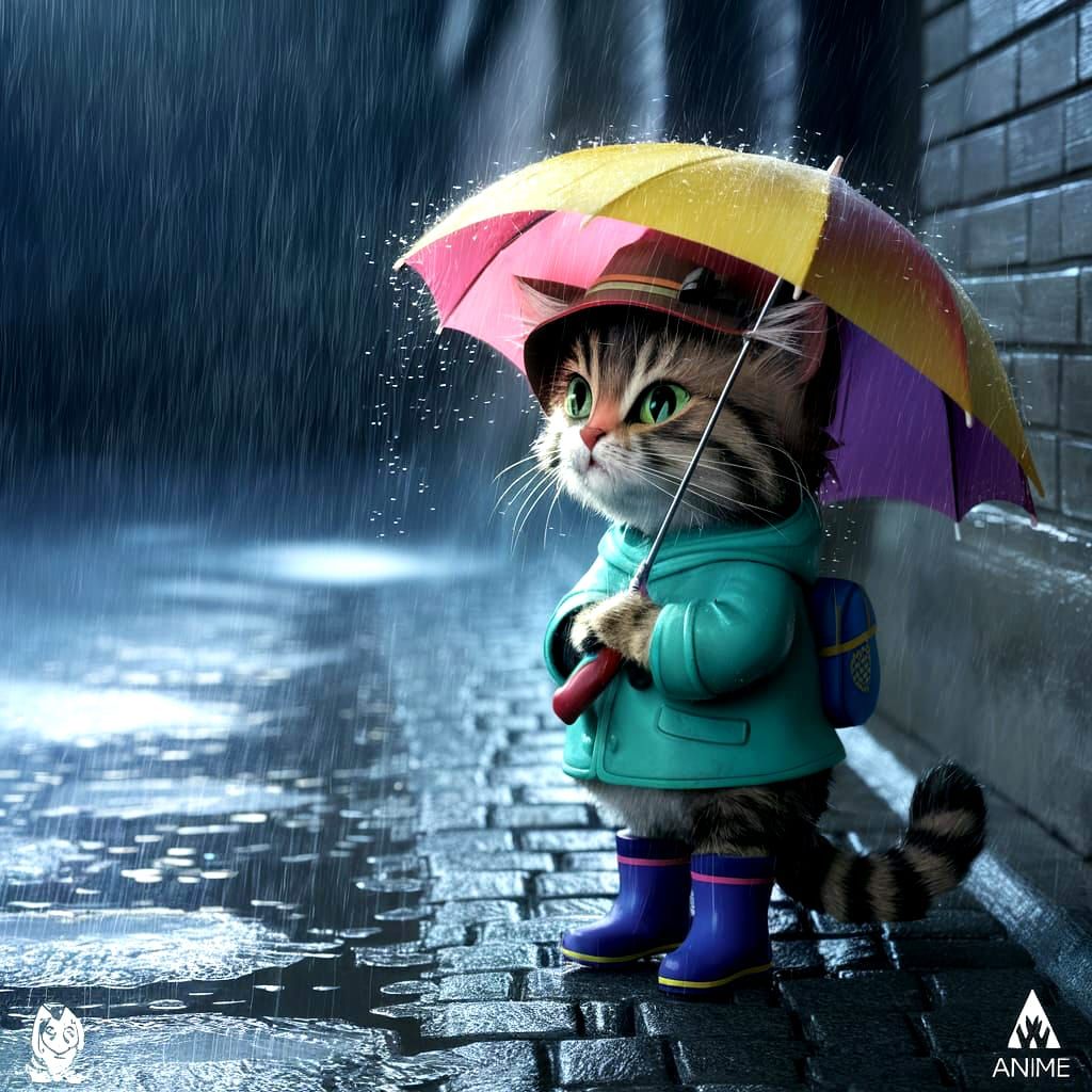 Anime Cat in Raincoat: 3D Anime Illustration