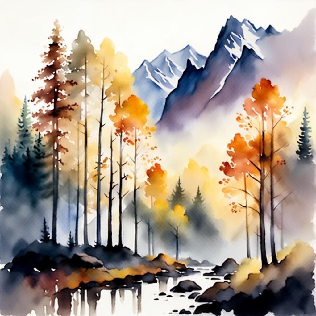 Chamonix Sunrise Watercolor Landscape in Autumn