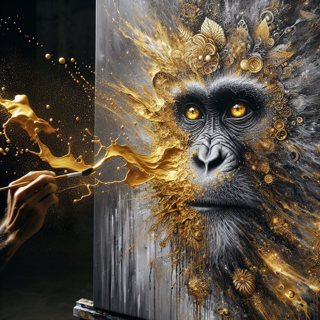 Golden Primate Emerges from Action Painting
