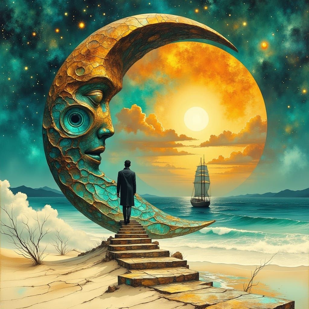 Surreal Bronze Moon on Beach at Sunset