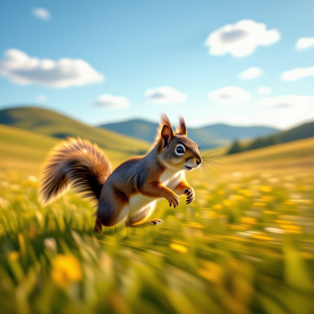 Squirrel Galloping in Vibrant Meadow with Radial Zoom Effect