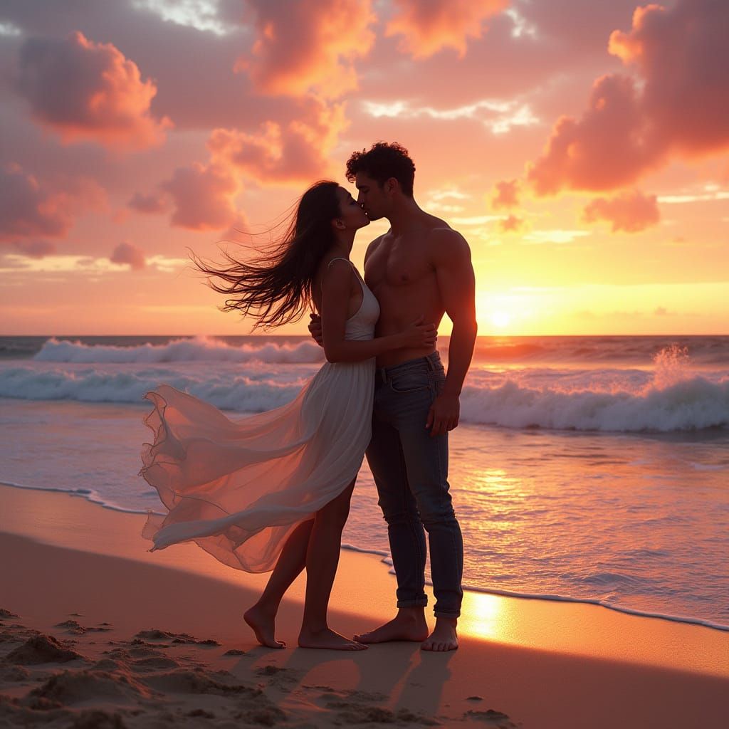 Chiseled Couple Gaze Out at Sunset Beach