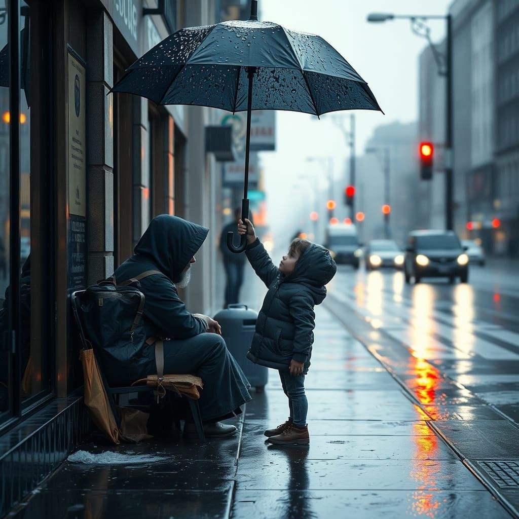 Kind Child Shields Homeless Person from Rain in Detailed Dig...