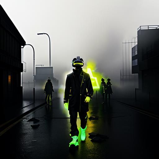 VR Goggles in Smoky, Neon-lit Ruins